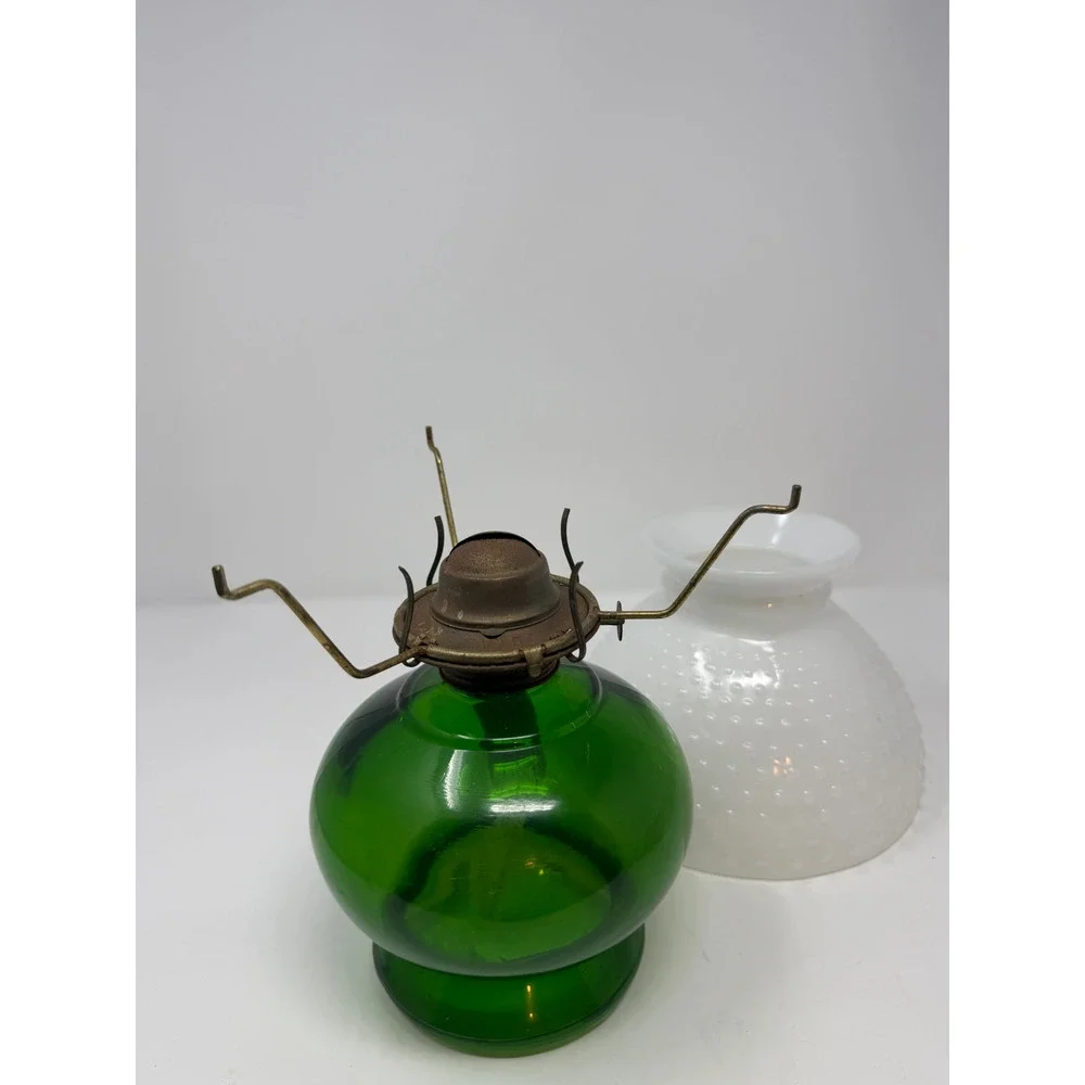 VTG Green Glass Oil Kerosene Lamp Milk Glass Hobnail Shade Danbury CT NO CHIMNEY